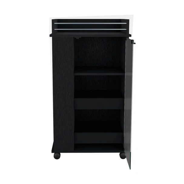 Bar Cart With Glass Door, 2 Side Shelves And Casters - Black