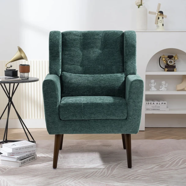 Modern Accent Chair, Arm Chairs For Living Room, Upholstered Mordern Armchair, Comfy Soft Padded Lounge Chair In Small Space, Bedroom, With Pillow, Solid Wood Leg