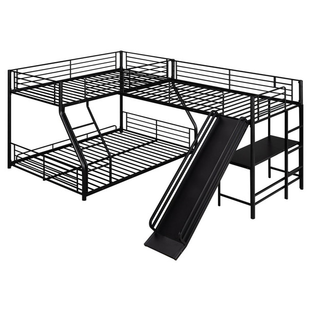 L-Shaped Twin Over Full Bunk Bed With Twin Loft, Built In Desk And Slide - Black