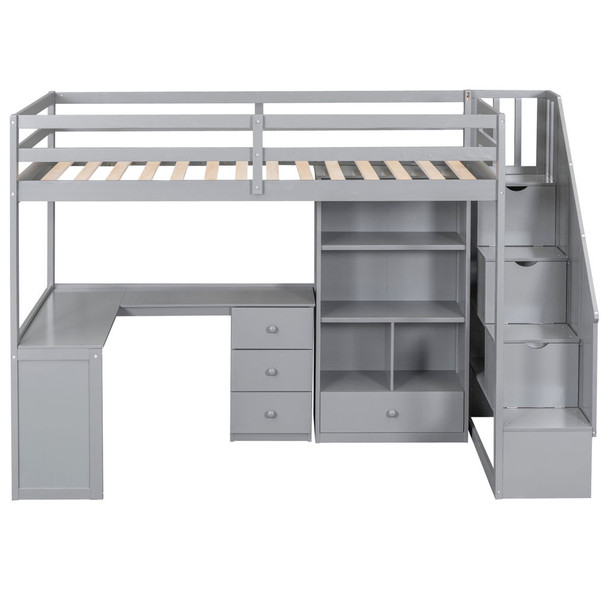 Loft Bed With L Shaped Desk, Drawers, Cabinet, And Storage Staircase