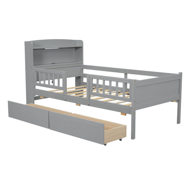 Platform Bed With LED Light, Multi Functional Headboard, Guardrail And 2 Drawers