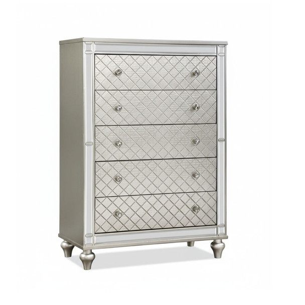 5 Drawer Bedroom Chest With Diamond Patterned Fronts - Silver