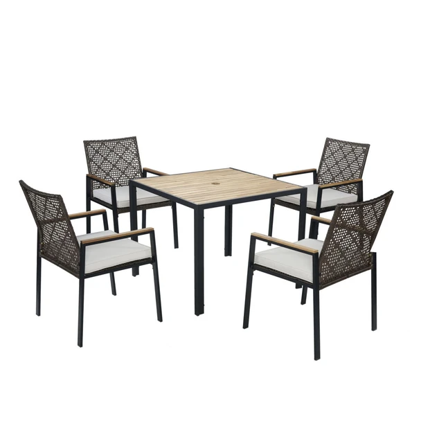 5 Piece Patio Dining Table Set, Acacia Wood Table Top With Umbrella Hole