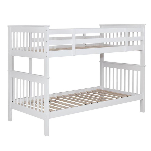 Slatted - Headboard Twin / Twin Bunk Bed With Built In Ladder Design - White