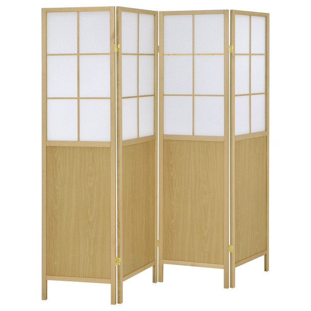 Gabby - 4 Panel Divider Folding Shoji Screen With Windowpane Details - Natural
