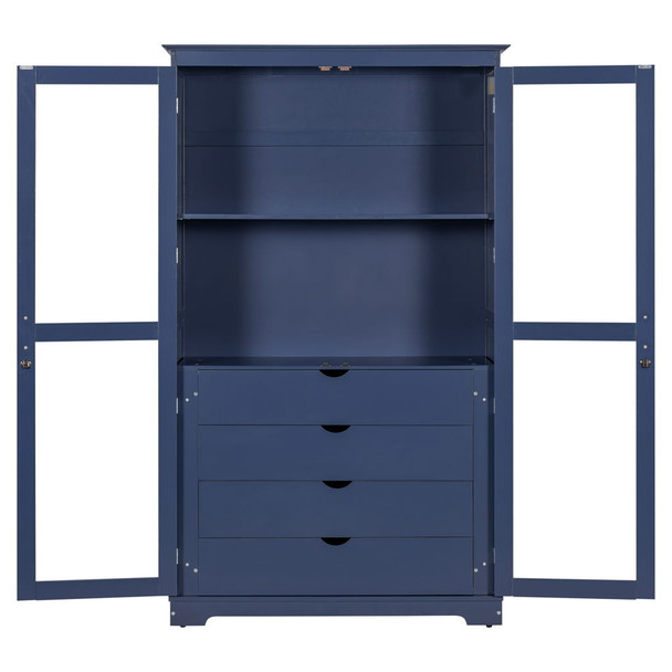 Kitchen Pantry, Freestanding Kitchen Storage Cabinet Display Cabinet With Glass Doors And 4 Built In Drawers For Living Room, Home Office - Blue