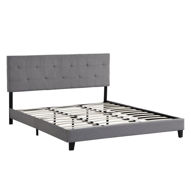 King Size Upholstered Platform Bed Frame With Button Tufted Fabric Headboard, No Box Spring Needed, Wood Slat Support