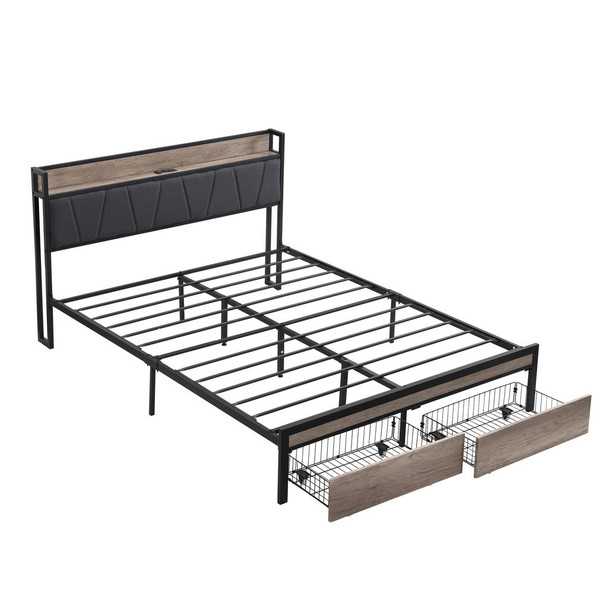 Modern Bed Frame With LED Lights, Upholstered Headboard, USB Charging