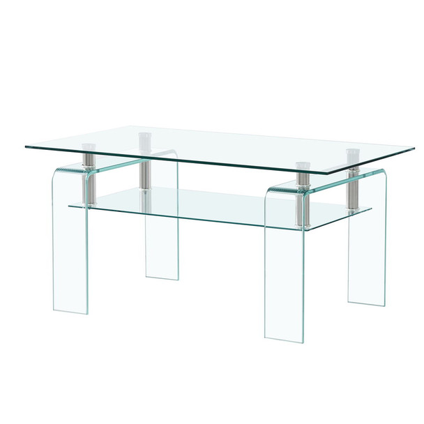 Modern Tempered Glass Coffee Table With 2 Tier Storage For Living Room