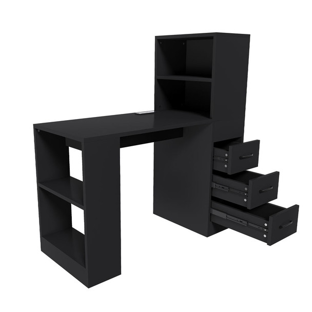 Computer Desk With 4 In 1 Socket, 3 Slide Drawers And 4 Storage Levels, For Home Office - Black