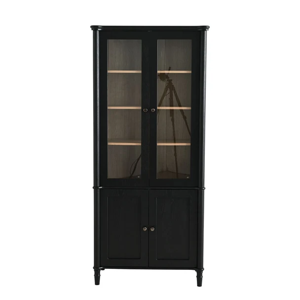 Vintage Display Cabinet With Double Glass Doors, Traditional Style For Collectibles, Ash Wood Veneer, 73.25" Tall - Black / Natural