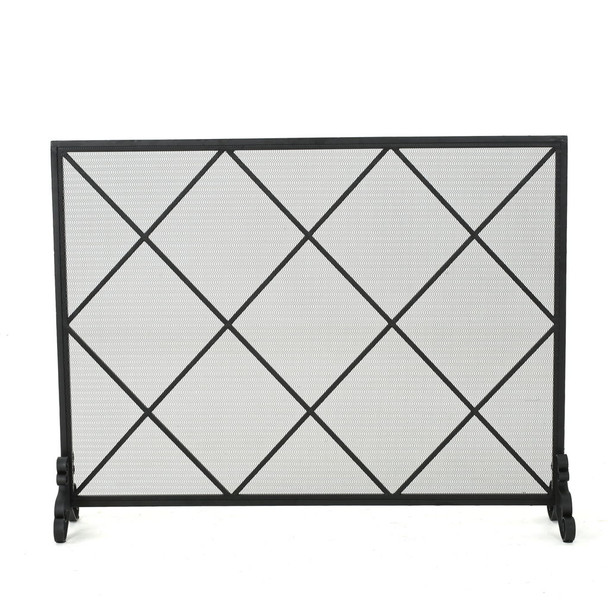 Minimalist Single Panel Iron Fireplace Screen With Diamond Design - Black