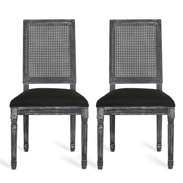French Country Dining Chair With Rectangular Cane Backrest And Smooth Upholstered Seating