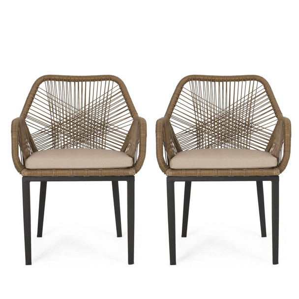 Modern Wicker Dining Club Chair With Water Resistant Cushions - Brown / Beige