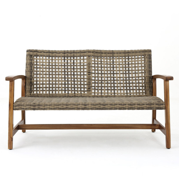 Outdoor Rattan Loveseat With Wooden Legs - Natural / Gray