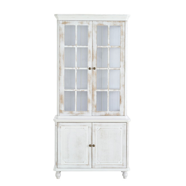 Vintage Display Cabinet With Double Glass Doors, Traditional Style Hutch For Home Or Workspace Washed - White Washed