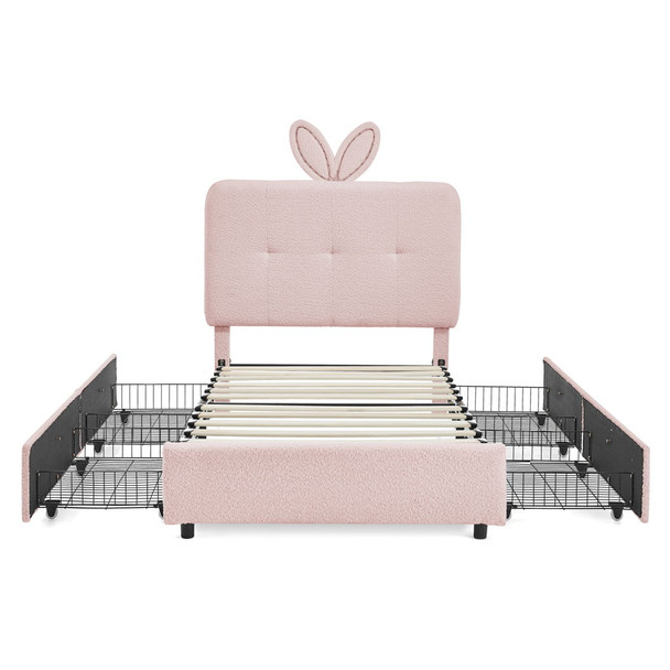 Upholstered Bed With Oversized Rabbit Ear Headboard, LED Lights & 4 Storage Drawers