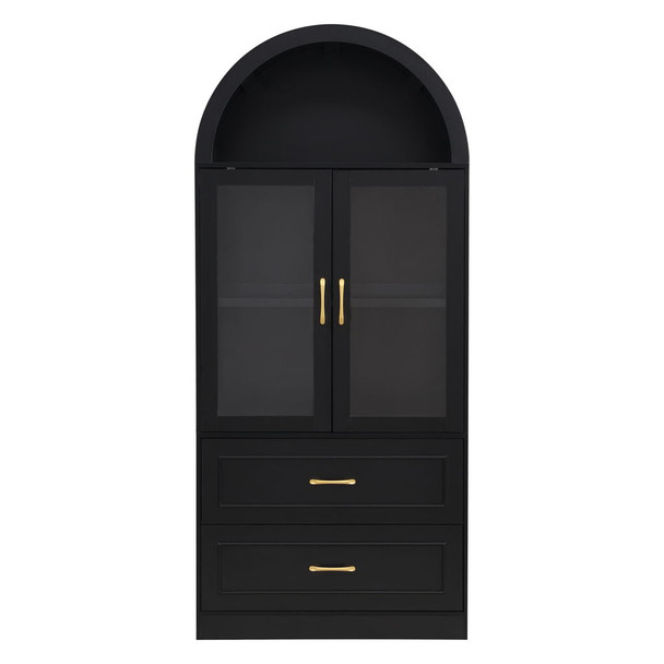 Arched Top Storage Cabinet With Fixed 2 Tier Shelves, 2 Large Drawers