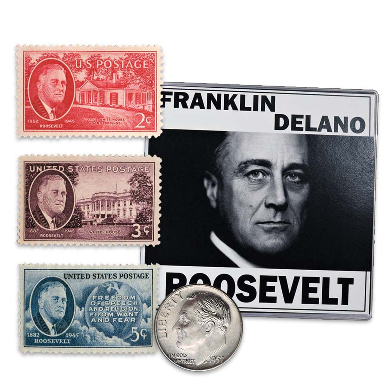 Franklin D Roosevelt Silver Dime & Stamp Trio Set
