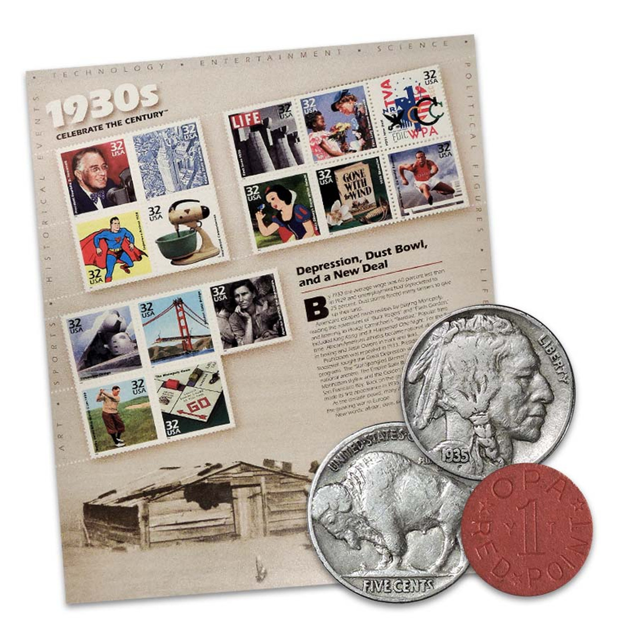 American Time Capsule Stamps., 1930's Buffalo Nickel & an OPA Token