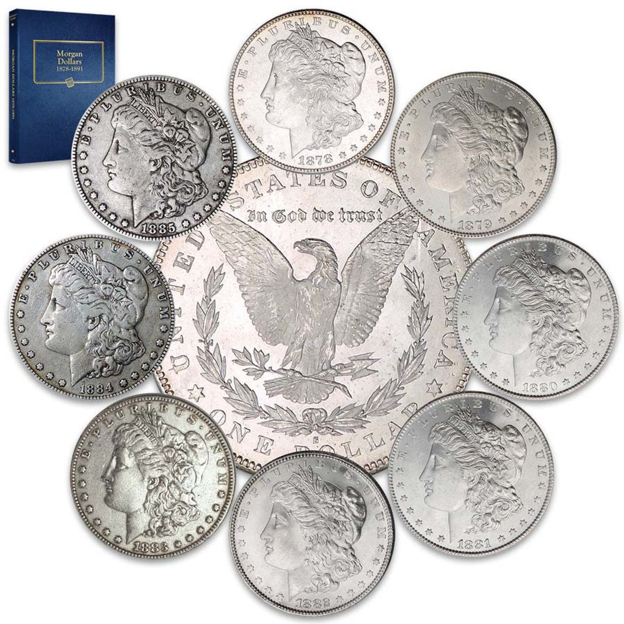 1878-S-1885-S Morgan Silver Dollar Set with Album Very Fine to Brilliant Uncirculated