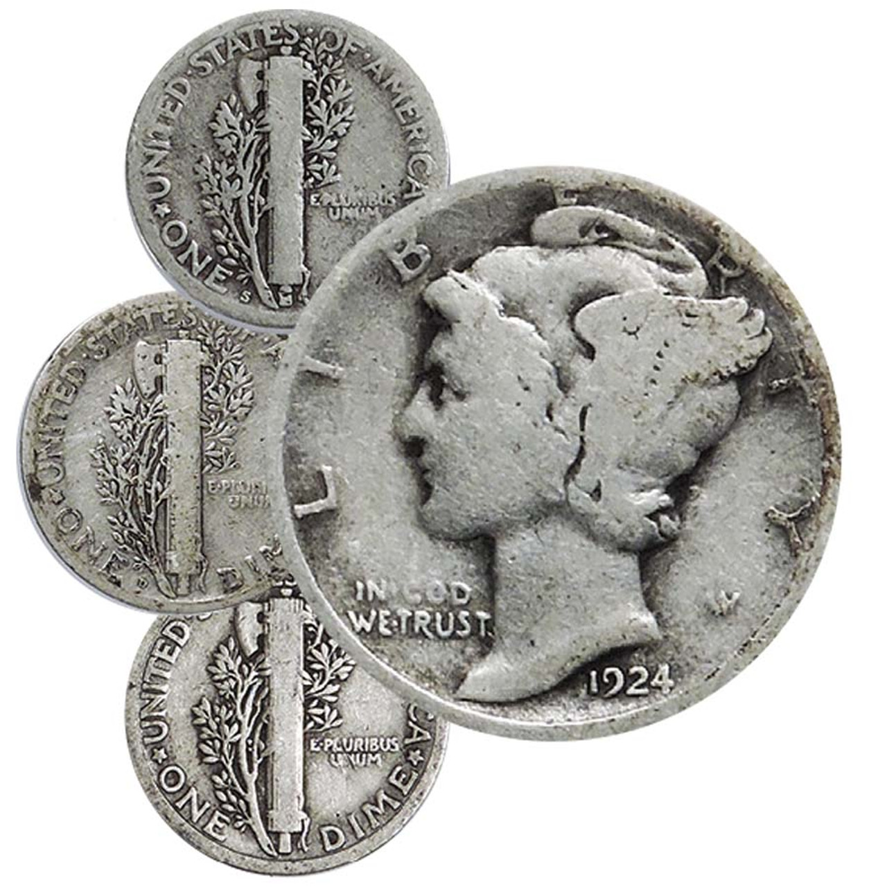 1924 P, D, & S Mercury Silver Dime Trio Very Good