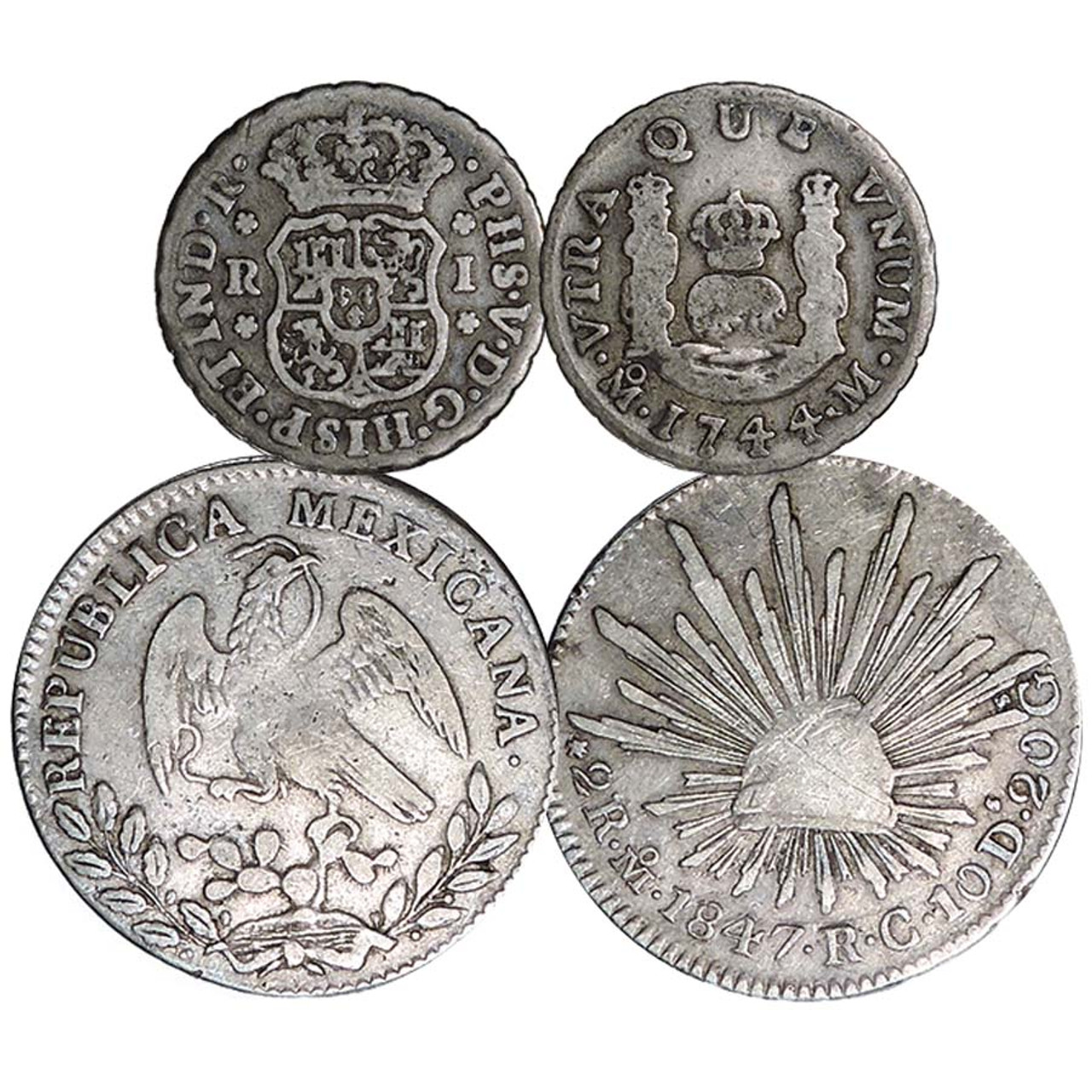 Mexico Pillar Silver 1 Real & Cap & Rays Silver 2 Reales Pair Very Good to Very Fine