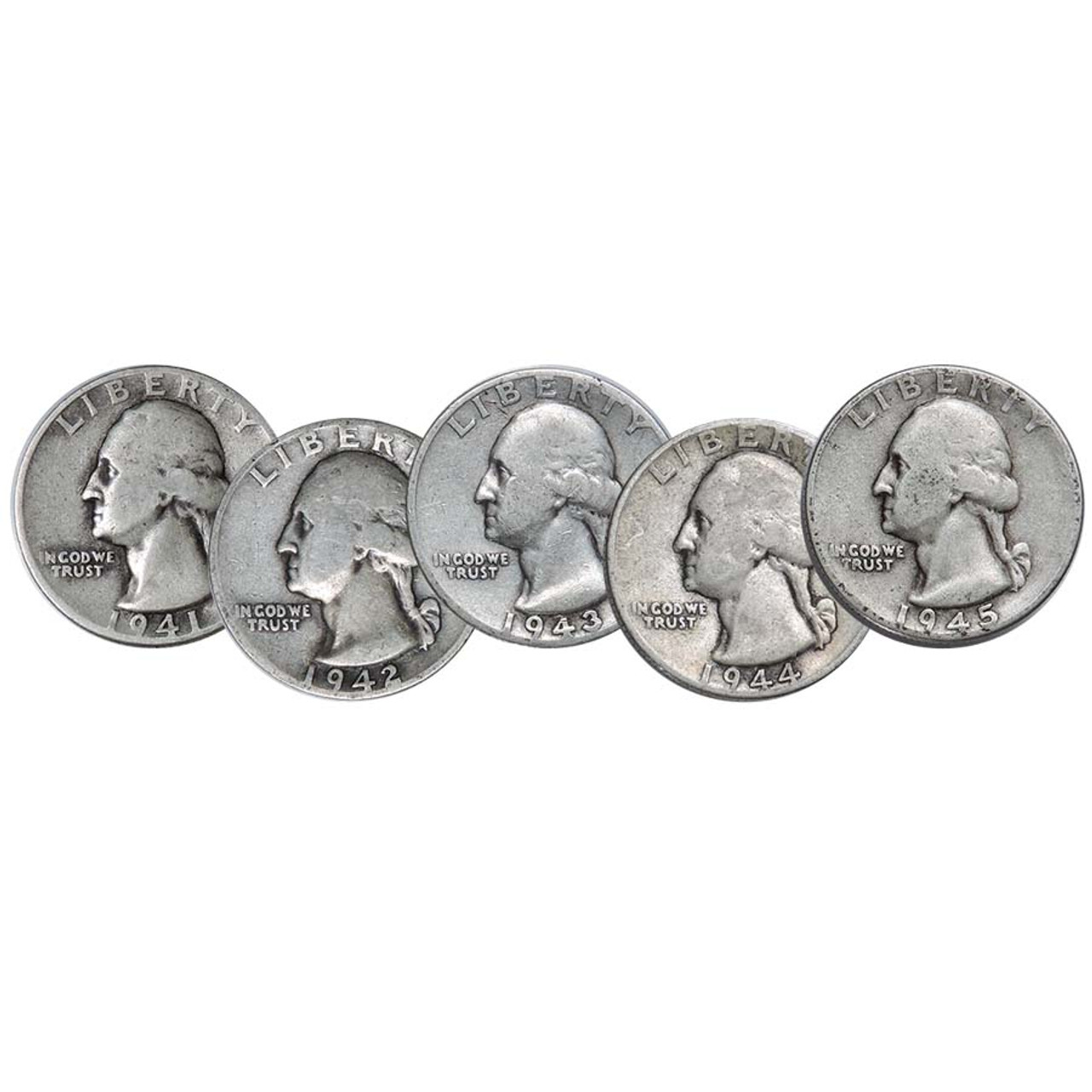 WWII Era 1941-1945 Washington Silver Quarter 5-Coin Set Very Good to Fine