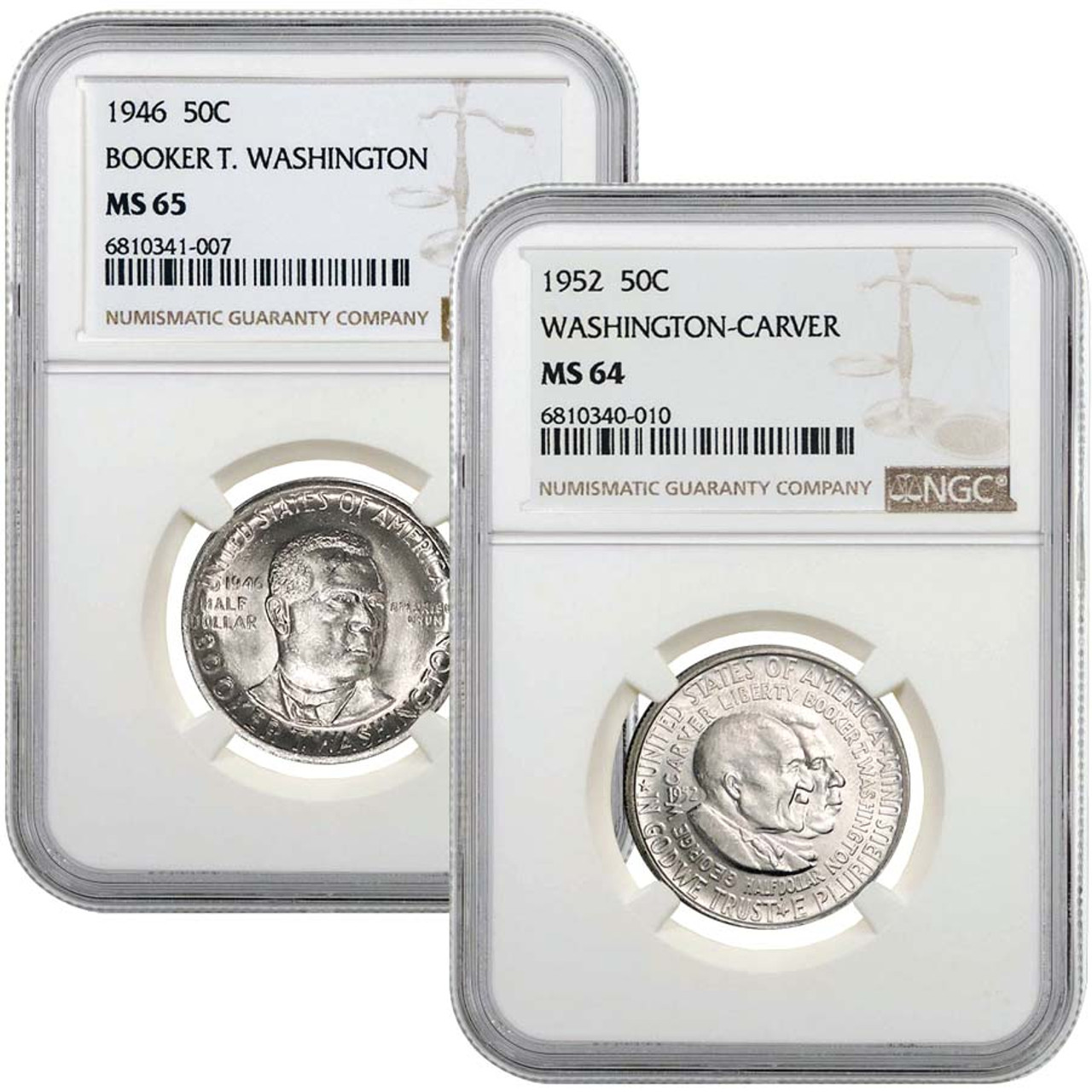 1946-1951 BT Washington & 1951-1954 Carver Silver Half Dollar Pair Certified MS-64-MS-65