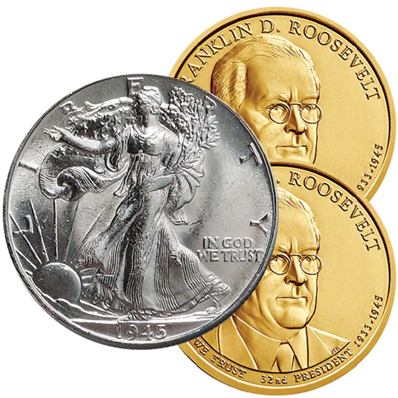 1941-1945 Walking Liberty Silver Half Dollar with FDR Presidential Dollars