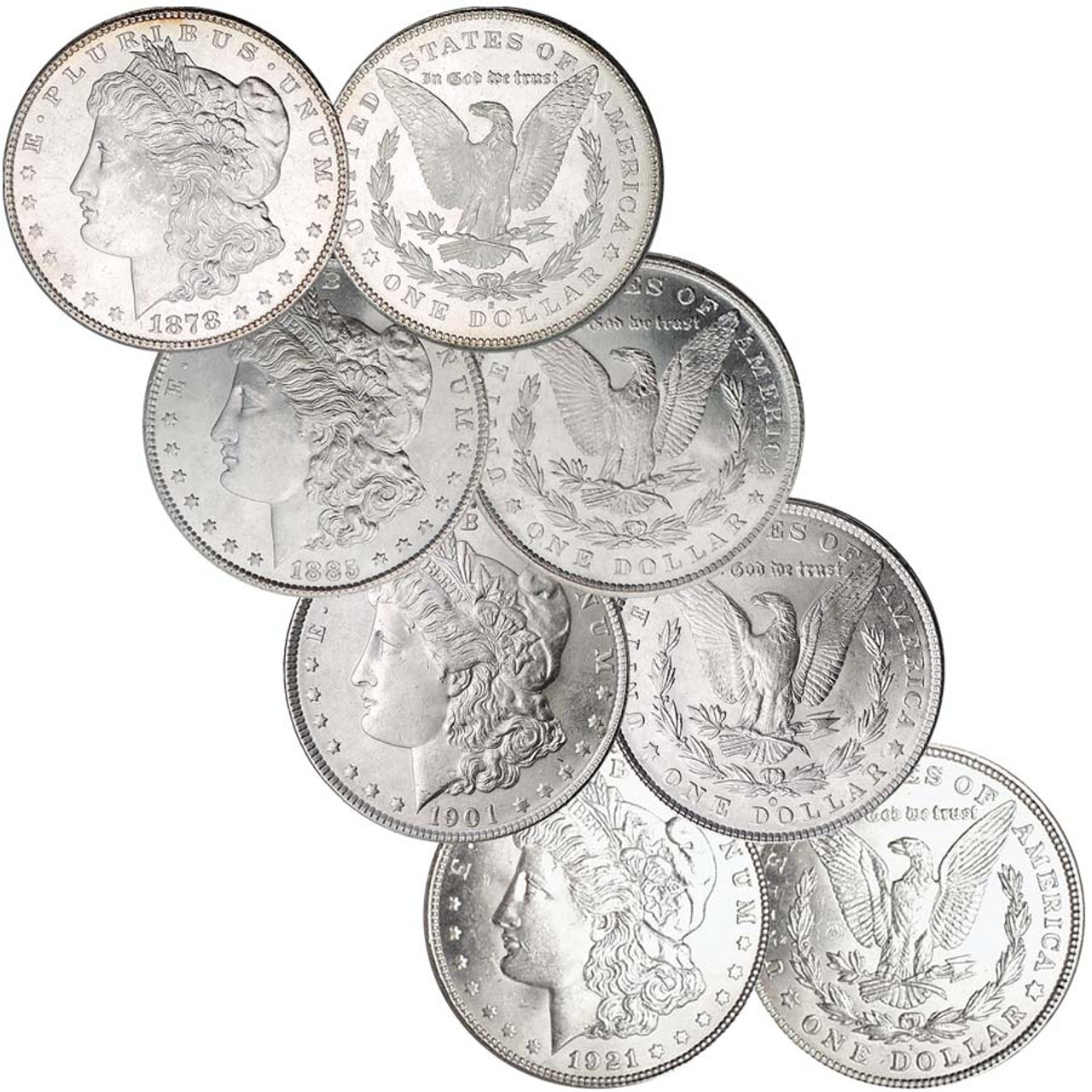 1878-S, 1885-P, 1901-O & 1921-D Morgan Silver Dollar Collection Brilliant Uncirculated