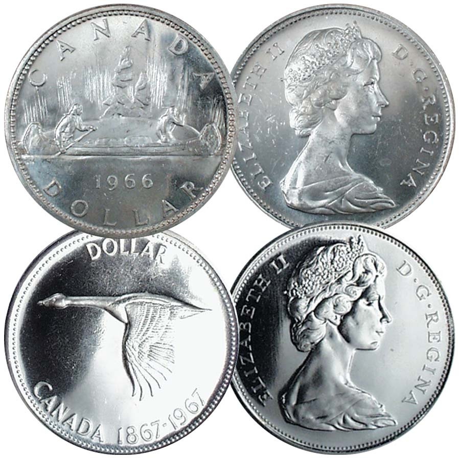 Canada 1960-1966 Canoe & 1967 Flying Goose Silver Dollar Pair