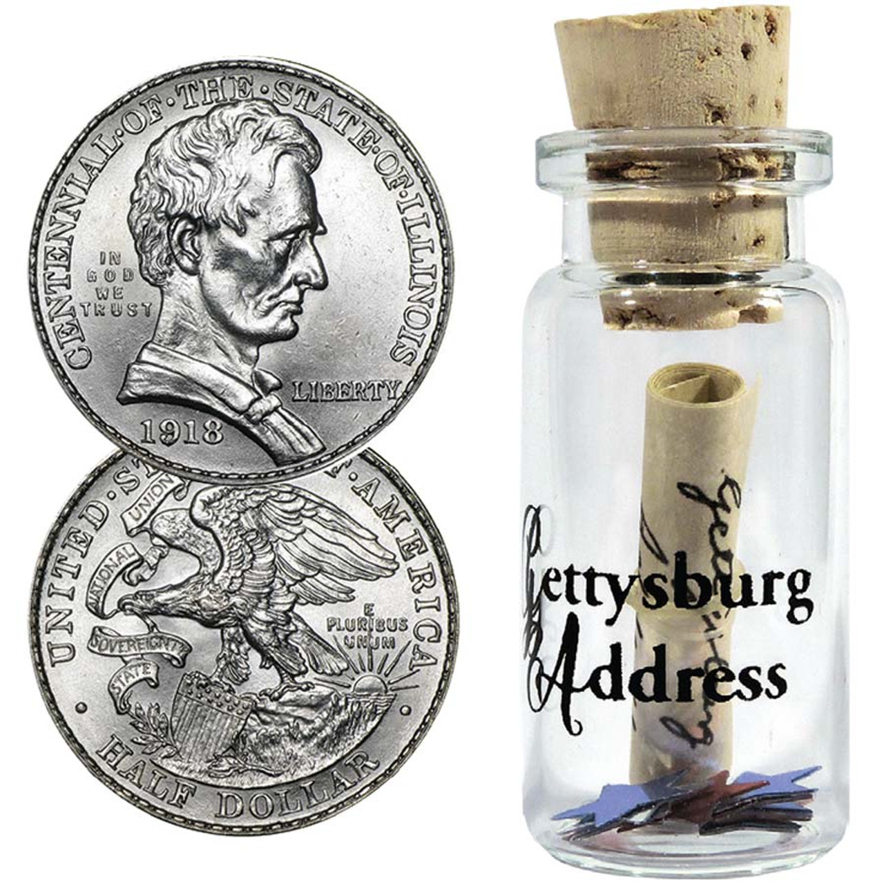 1918 Illinois Centennial Silver Half Dollar BU with FREE Gettysburg Address in a Bottle