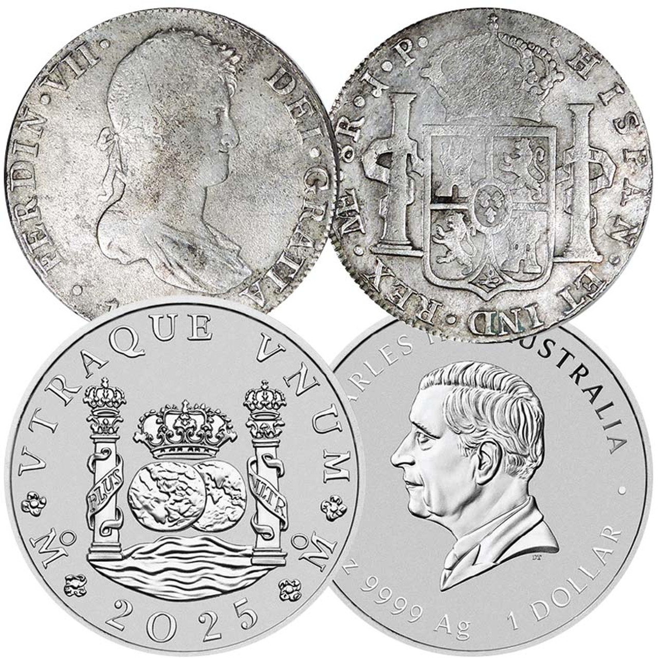 New Spain 1772-1825 Silver 8 Reales Fine & Australia 2025 Proclamation Pillar Dollar 1 Oz. Silver BU New Spain 1772-1825 Silver 8 Reales Fine & Australia 2025 Proclamation Pillar Dollar 1 Oz. Silver BU