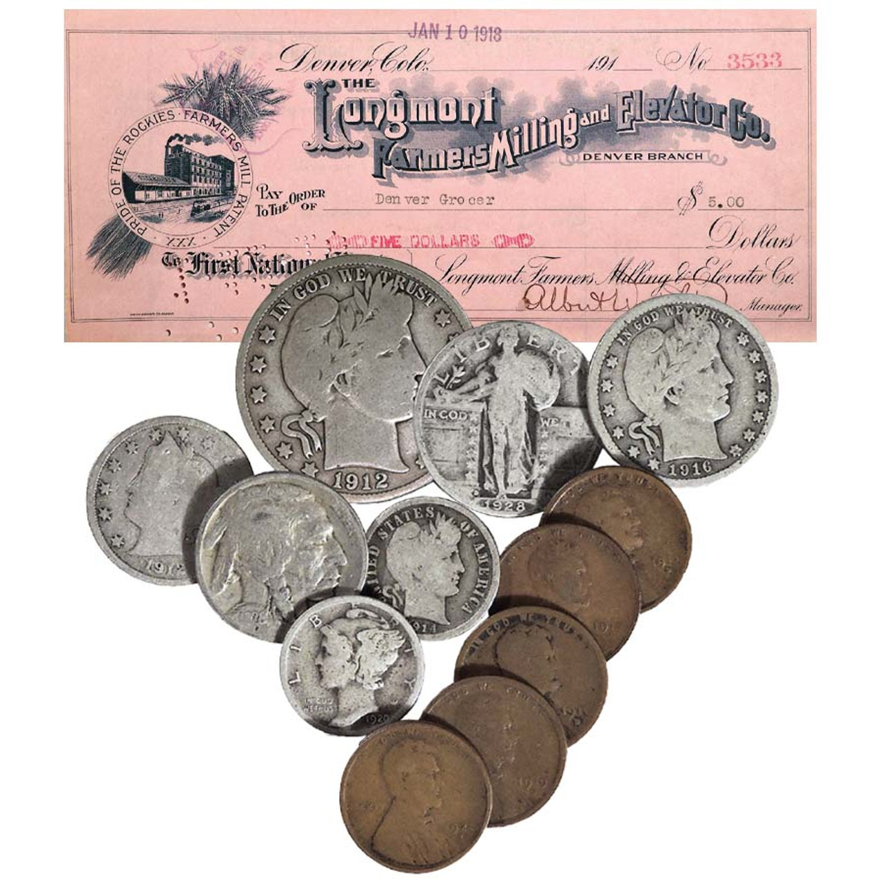 Farmers Denver Deal Level 1 w/ Longmont Farmers Milling and Elevator Co. voucher and 12-D Mint Coins
