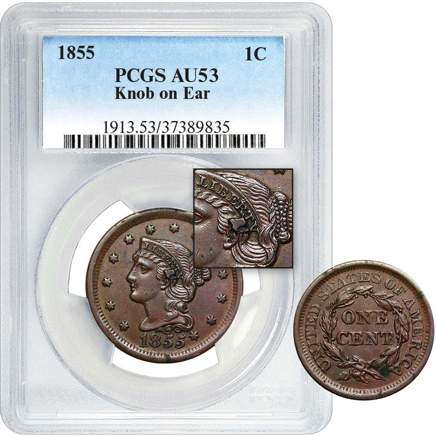 外国セット of All Nations TO.1855 1855 Knob on Ear Braided Hair Large Cent PCGS AU-50 to AU-53