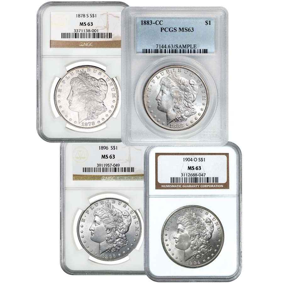 1878-S, 1883-CC, 1896 & 1904-O Morgan Silver Dollar Certified MS-63 Collection