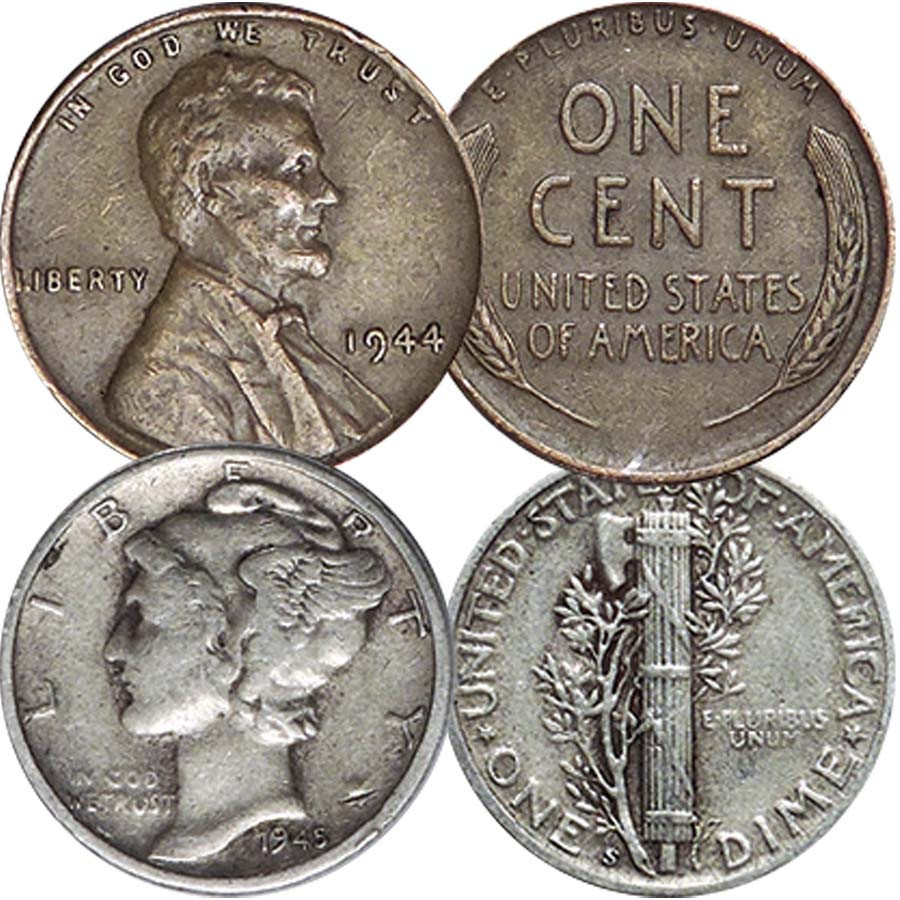 1944 Lincoln Cent & Wartime Mercury Silver Dime Pair Circ