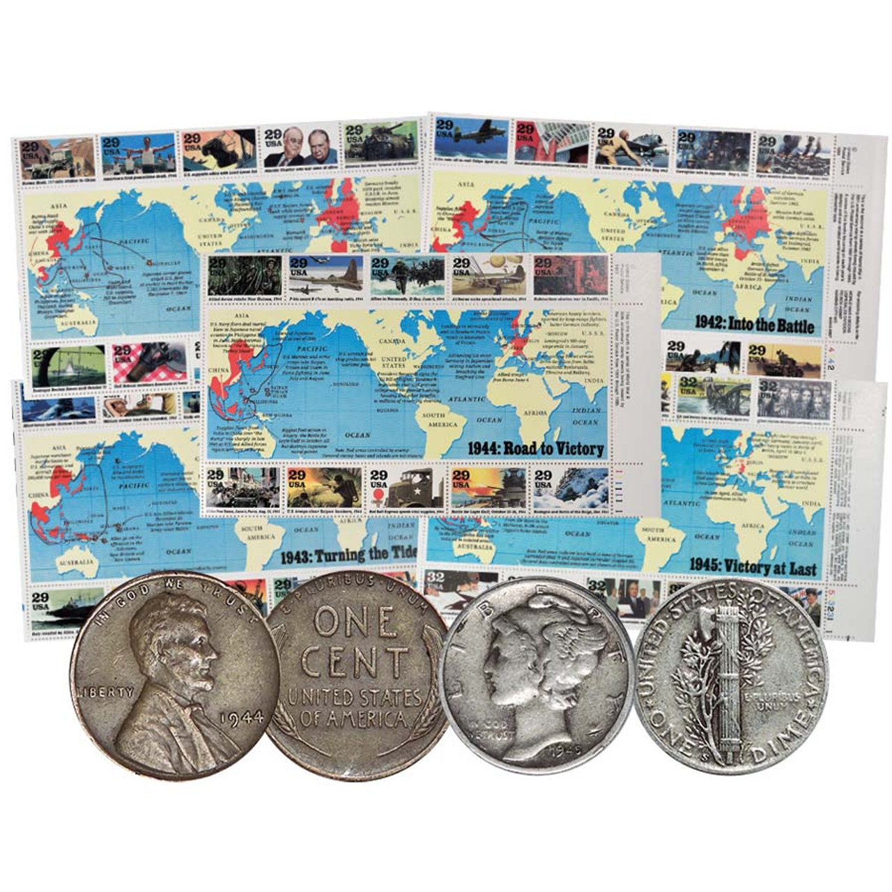 1991-1995 WWII 50th Anniversary Complete Stamp Series & 1944 Lincoln Cent & Wartime Mercury Silver Dime Pair Circ