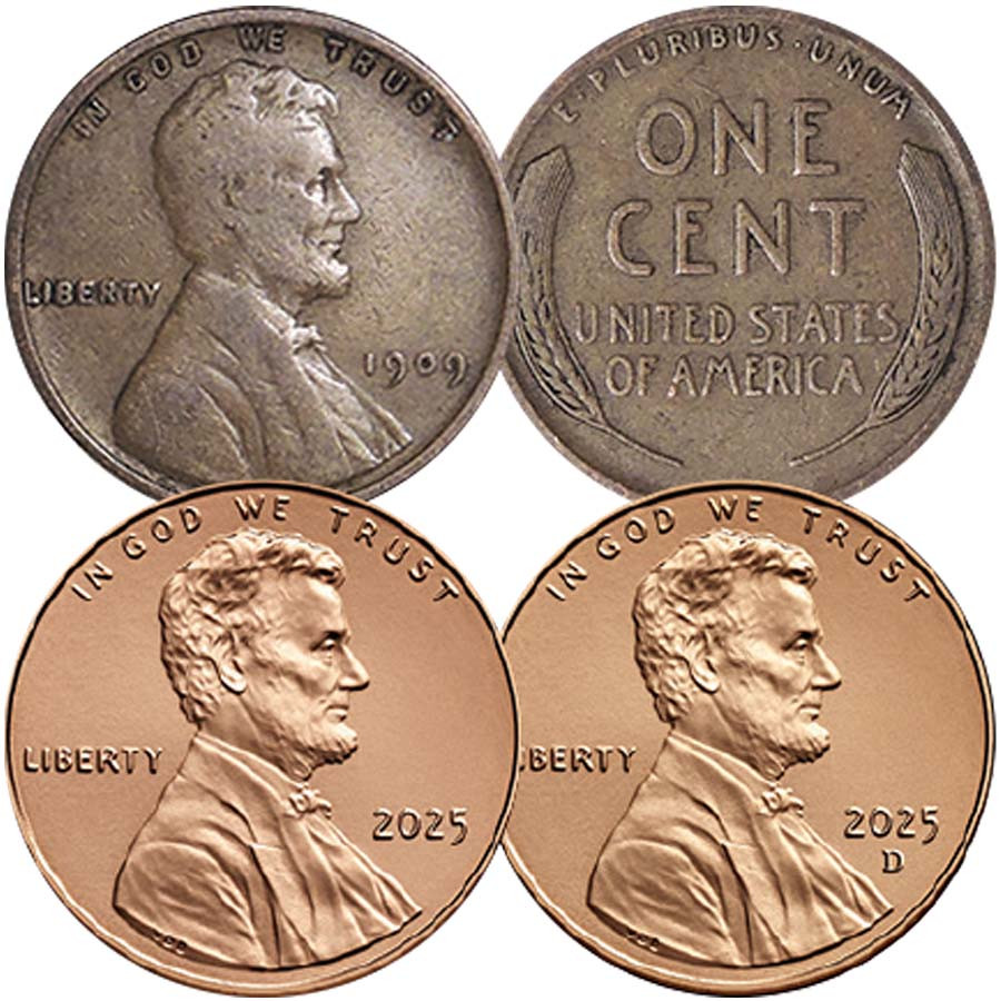 1909 VDB Lincoln Cent Fine & 2025 P and D Brilliant Uncirculated Cents Trio