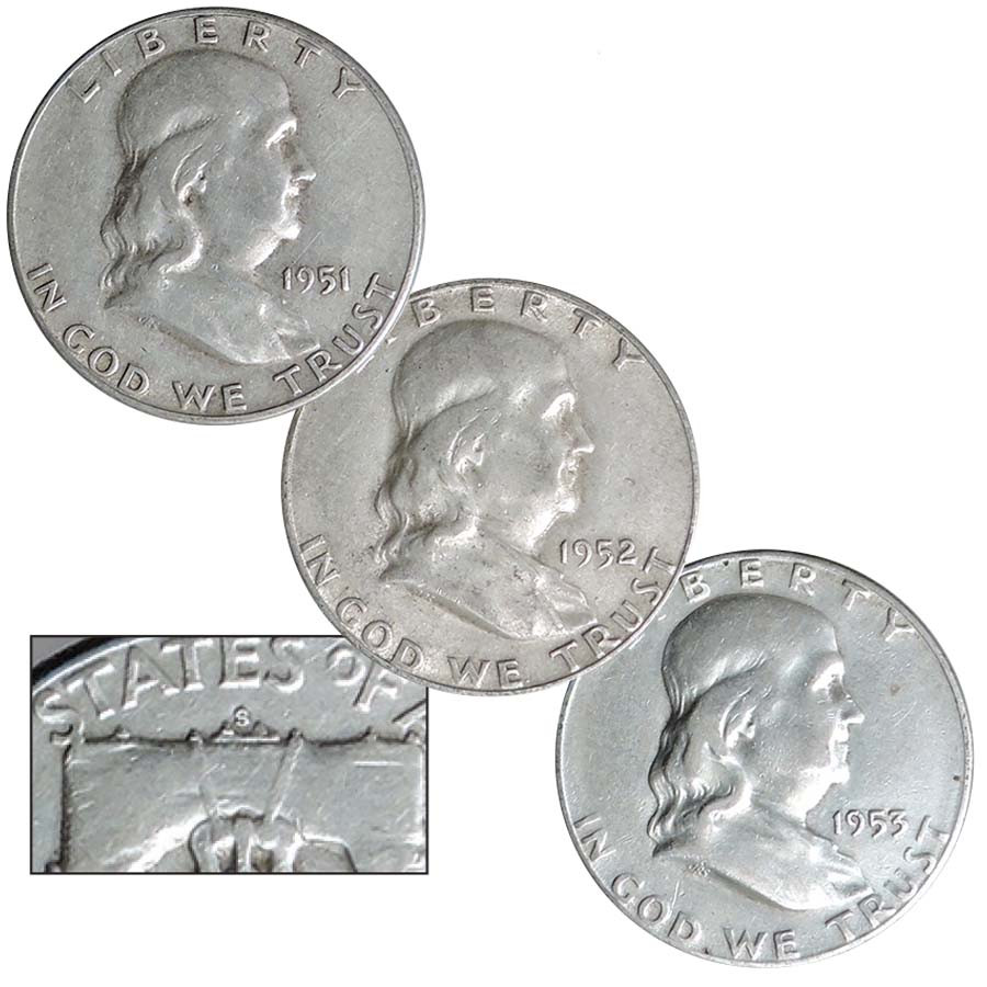 1951-S, 1952-S & 1953-S Franklin Silver Half Dollar Very Fine to Extra Fine Trio