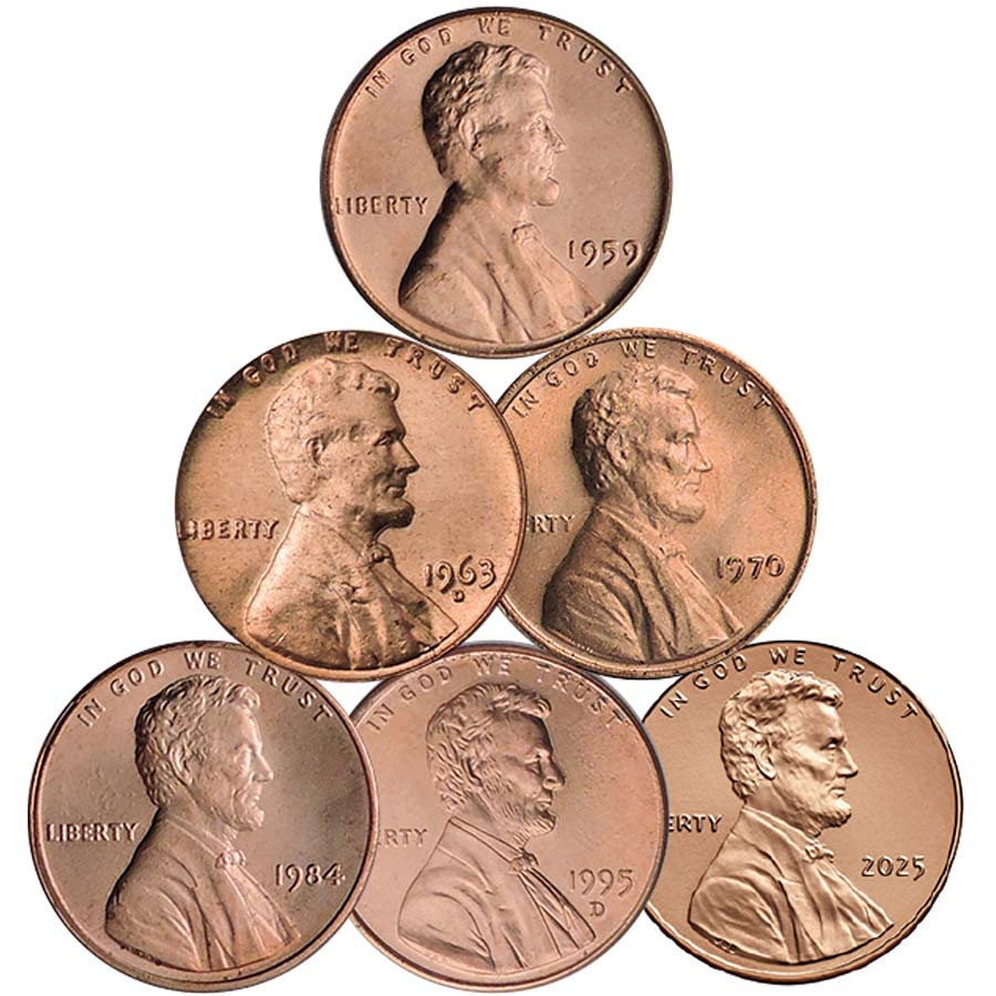 Lincoln Cents from Five Decades with FREE Final 2025 Cent