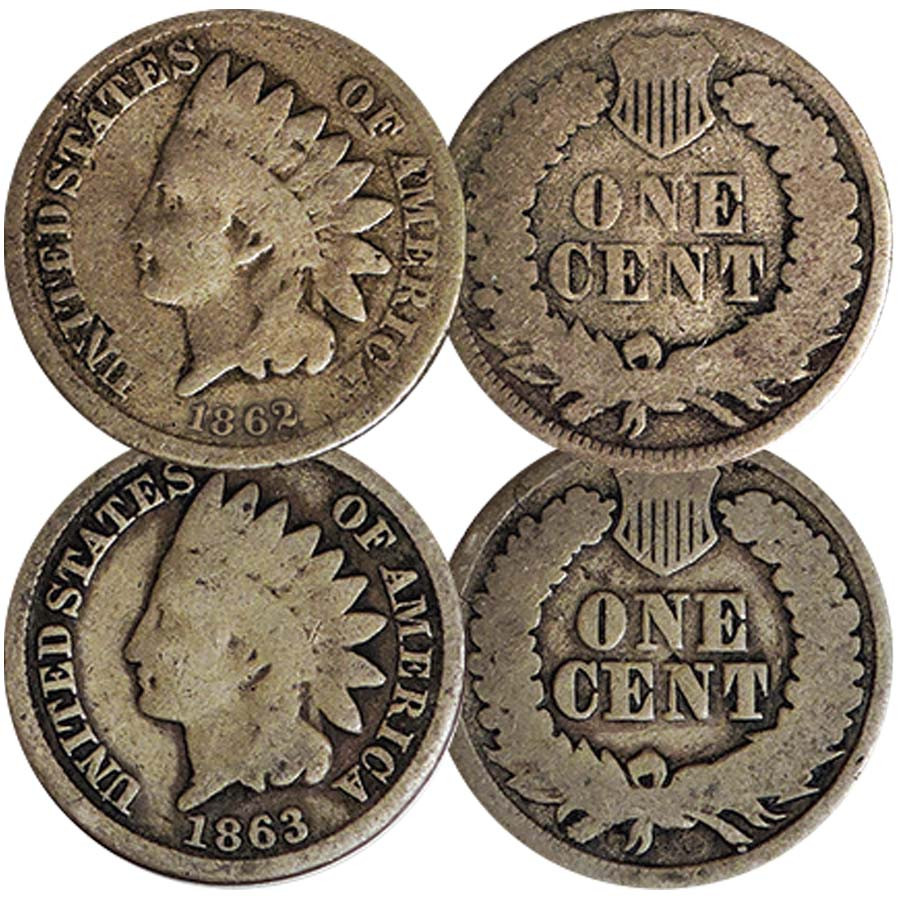 1862 & 1863 Indian Head Cent Pair Good