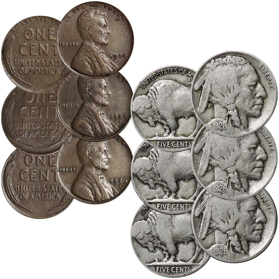 1926 P, D & S Lincoln Cents and Buffalo Nickels 6 Coin Set Good to Fine
