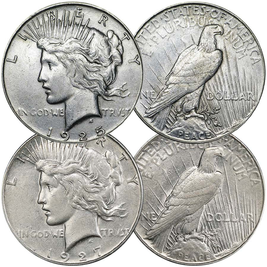 1925 & 1927 Peace Silver Dollar Pair Extra Fine