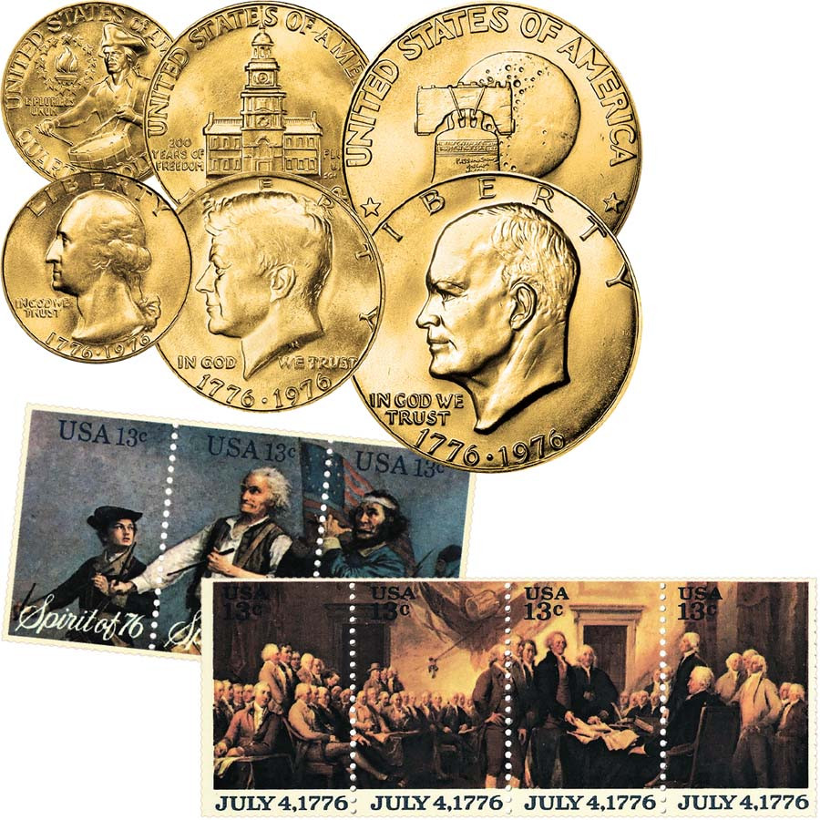1976 Bicentennial Gold Plated Quarter, Half Dollar & Dollar BU Trio and 1976 Bicentennial Se-tenants Stamp Pair