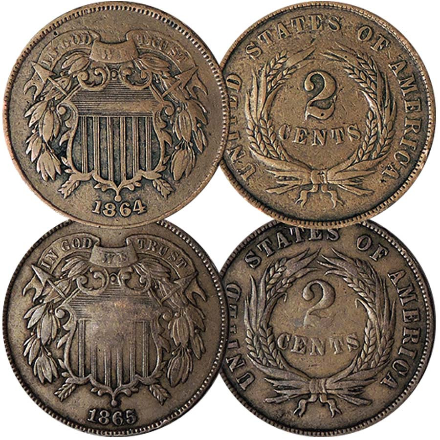 1864 & 1865 Two Cent Piece Pair Very Fine