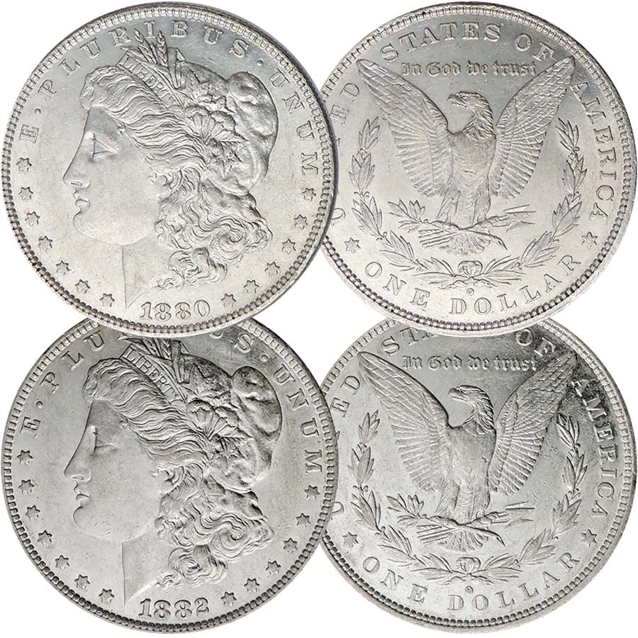 1880-O Micro O & 1882-O/S Morgan Silver Dollar Pair About Uncirculated