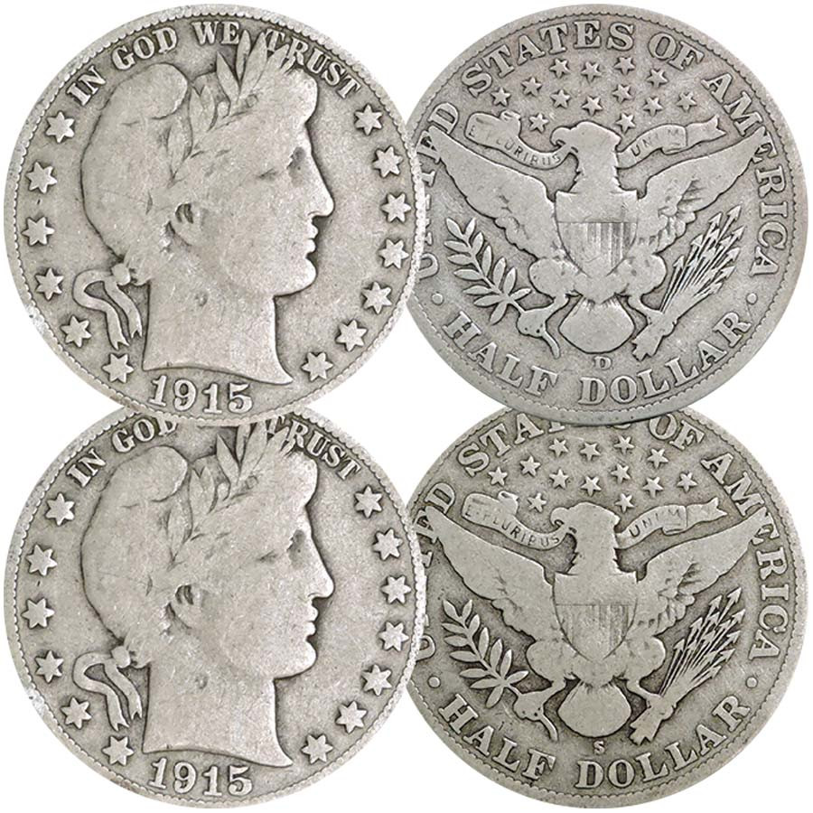 1915 D & S Barber Silver Half Dollar Good-Very Good Pair