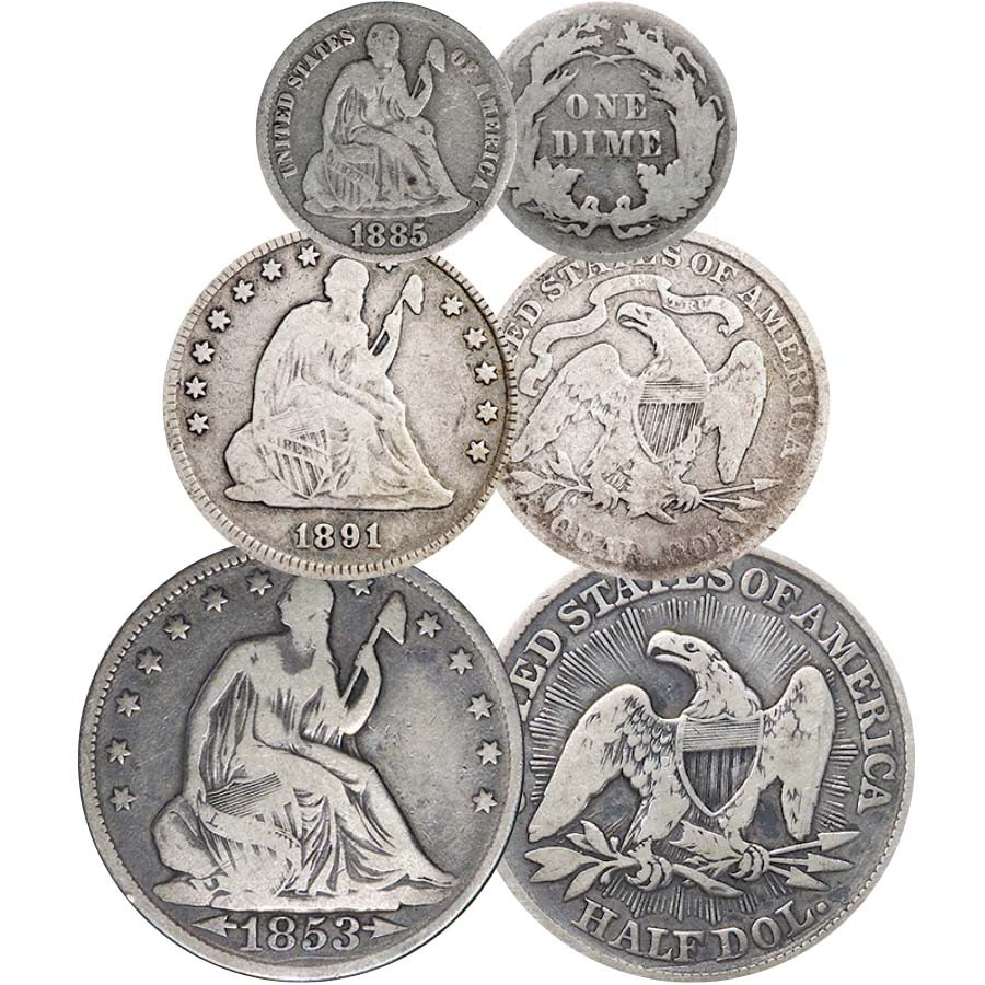 1837-1891 Seated Liberty Dime, Quarter and Half Dollar Trio Good